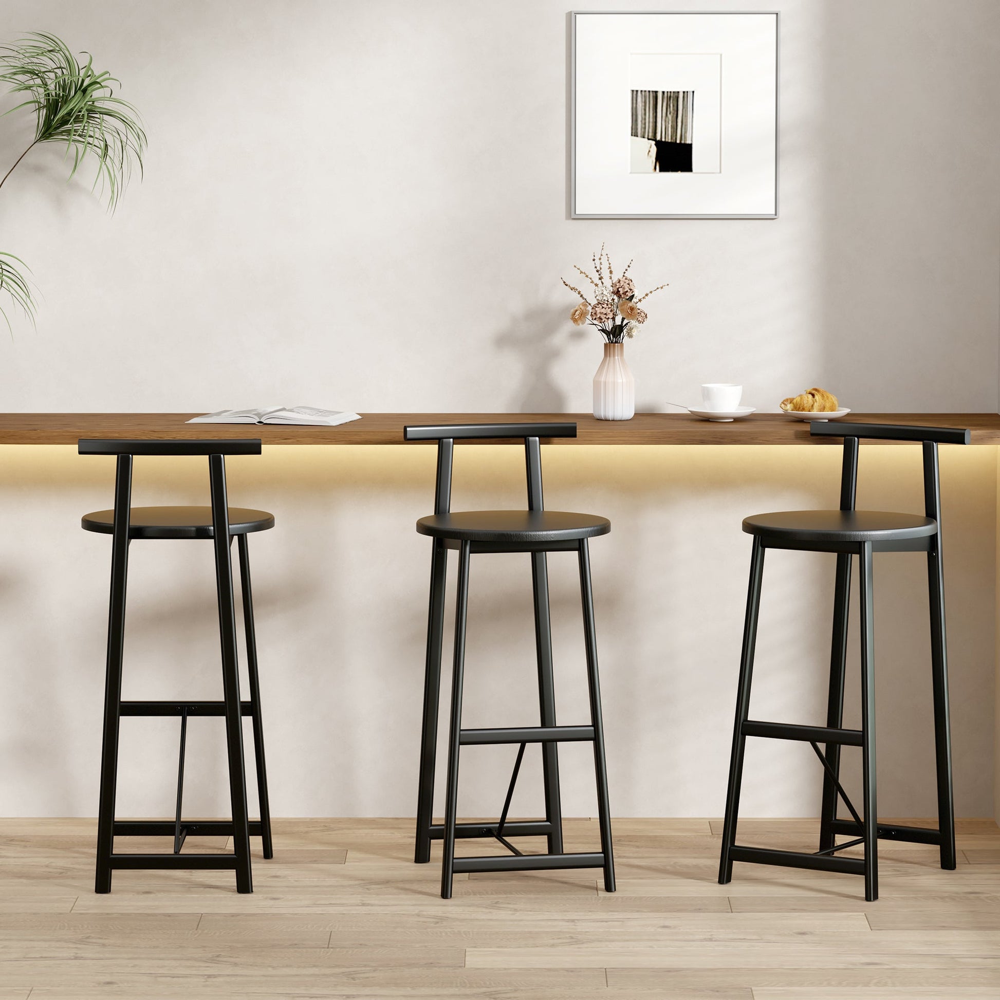 Modern Kitchen Bar Stools Set of 3 with Footrest in Black, Metal Frame & MDF Seat, 27''H - 1st Choice Furniture Direct