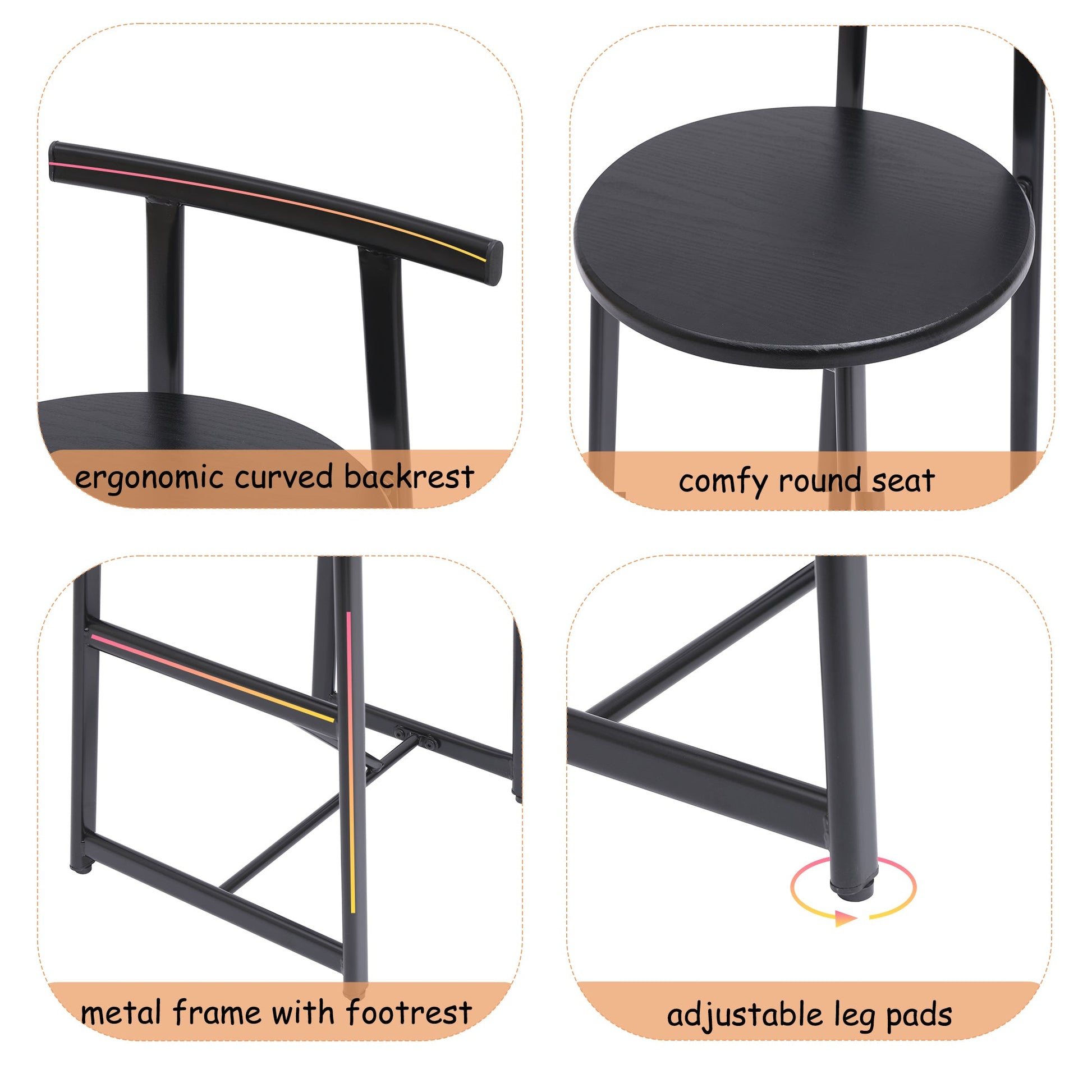 Modern Kitchen Bar Stools Set of 3 with Footrest in Black, Metal Frame & MDF Seat, 27''H - 1st Choice Furniture Direct