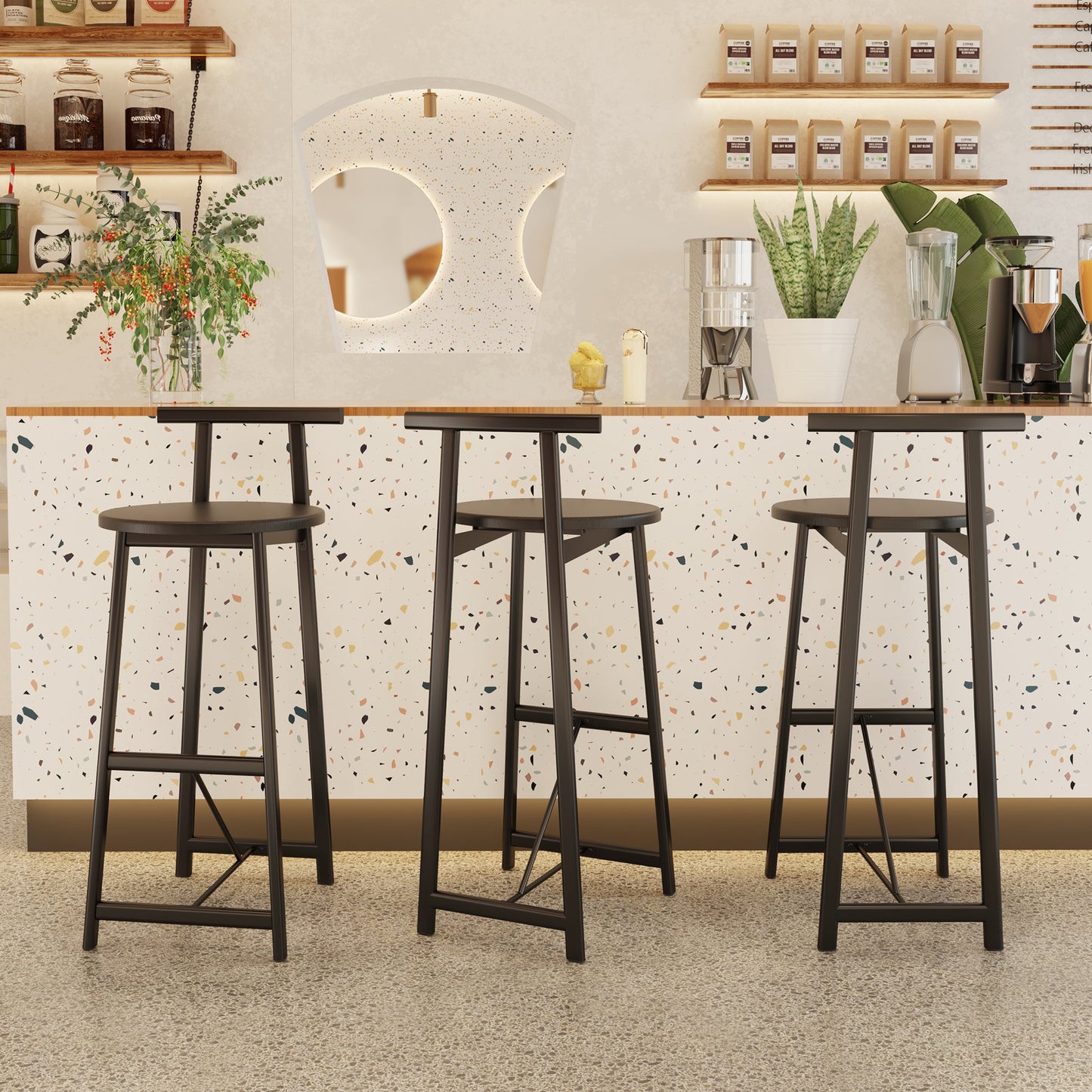 Modern Kitchen Bar Stools Set of 3 with Footrest in Black, Metal Frame & MDF Seat, 27''H - 1st Choice Furniture Direct