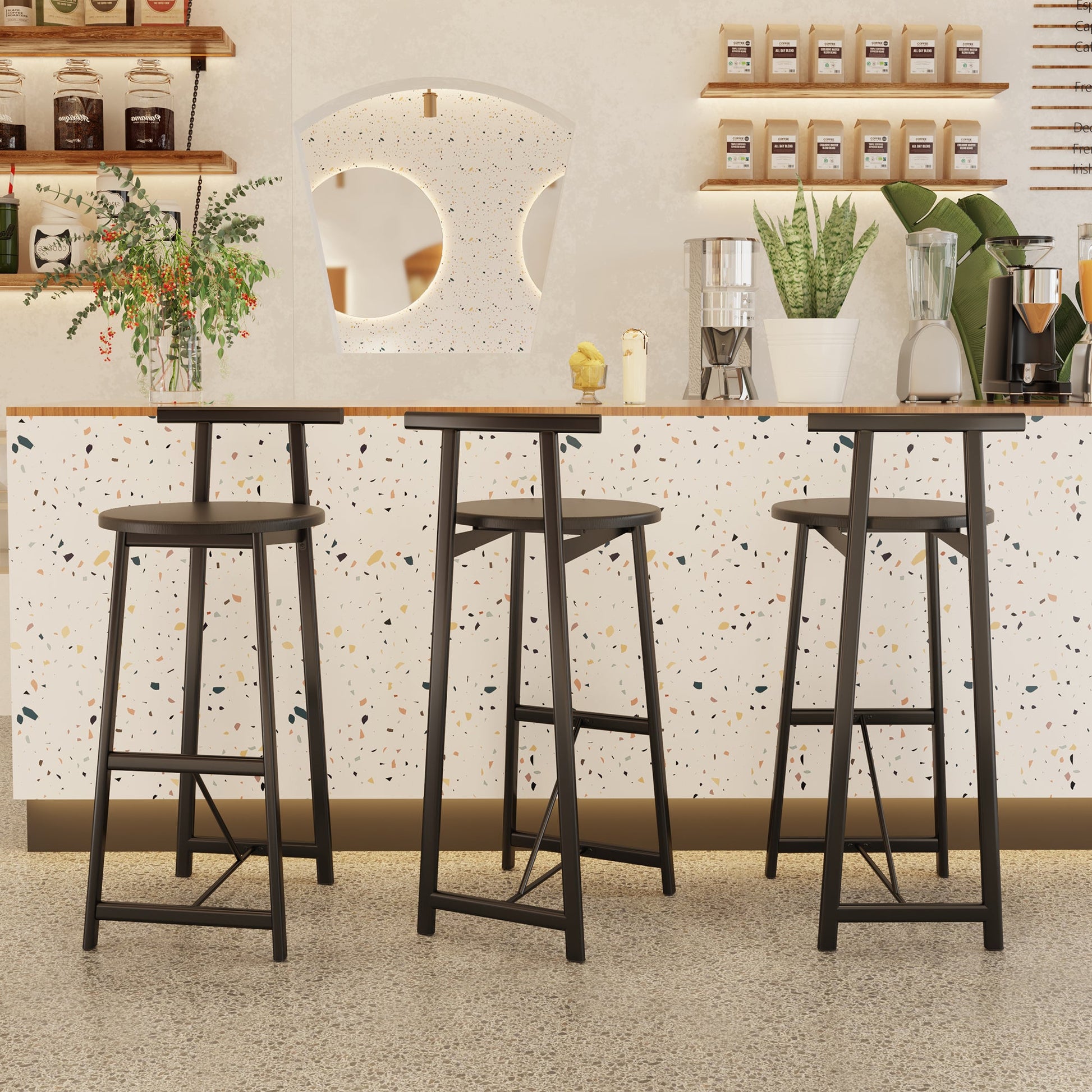 Modern Kitchen Bar Stools Set of 3 with Footrest in Black, Metal Frame & MDF Seat, 27''H - 1st Choice Furniture Direct