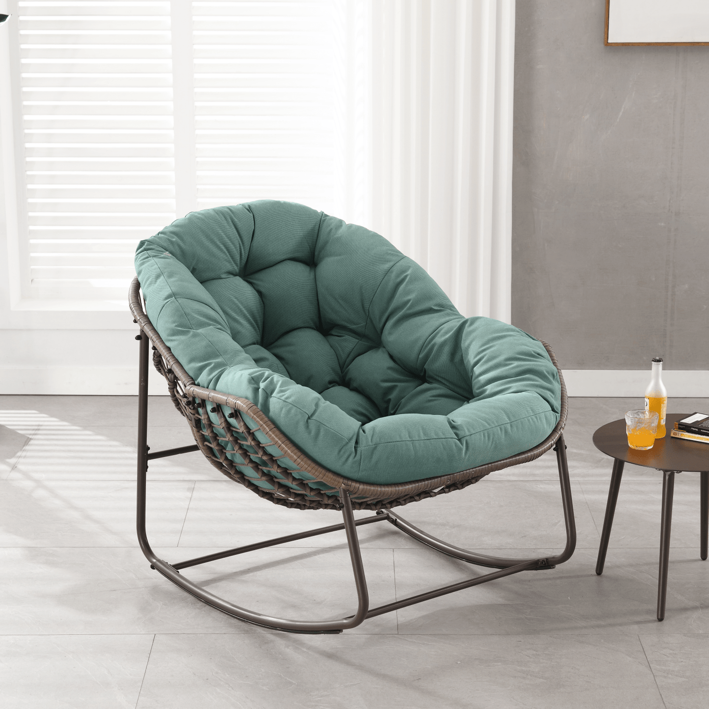 Modern Light Green Outdoor Rocking Chair, Oversized Wicker Egg Rocker with Thick Cushion, Indoor & Outdoor Lounge Chair for Balcony, Porch, Garden, Backyard, Steel Frame, 43.7''D x 37.2''W x 31.5''H - 1st Choice Furniture Direct
