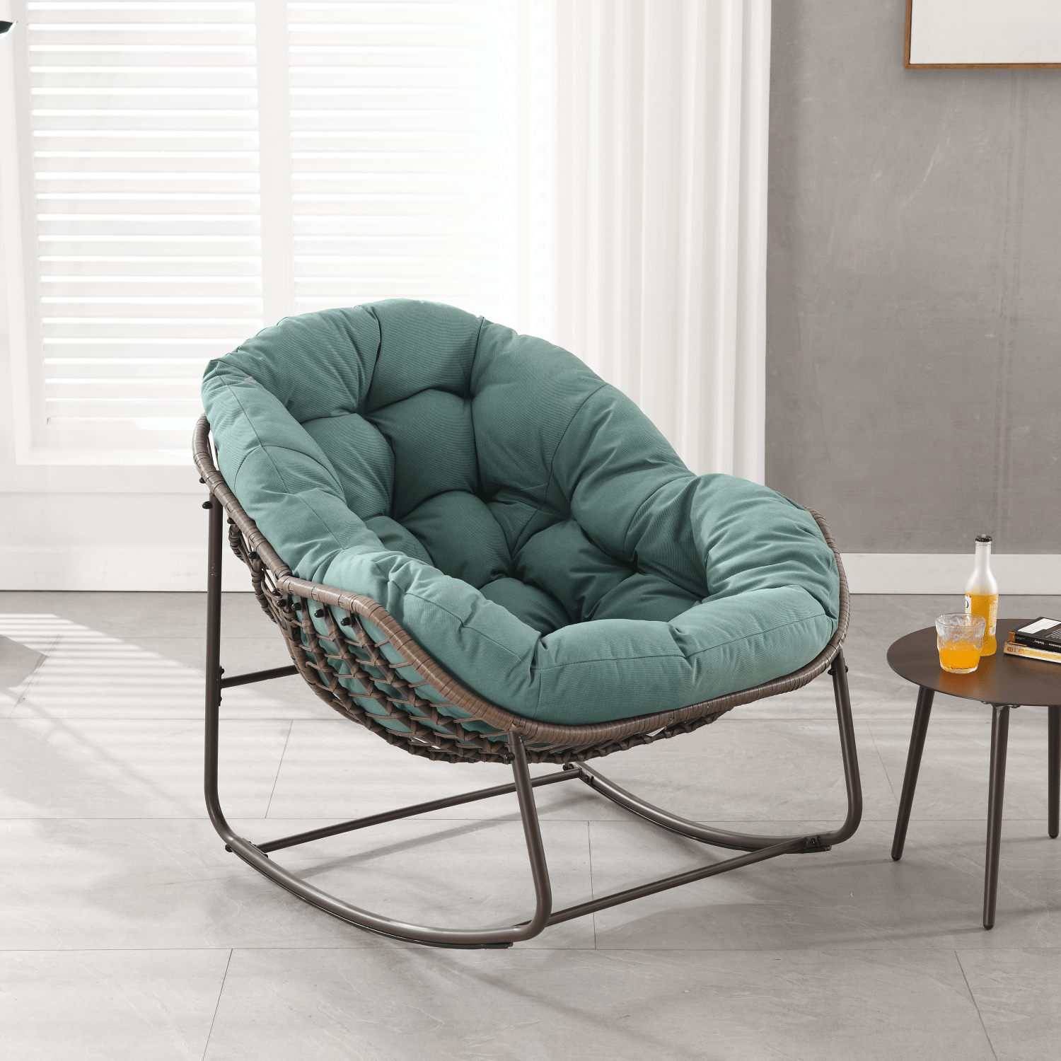 Modern Light Green Outdoor Rocking Chair, Oversized Wicker Egg Rocker with Thick Cushion, Indoor & Outdoor Lounge Chair for Balcony, Porch, Garden, Backyard, Steel Frame, 43.7''D x 37.2''W x 31.5''H - 1st Choice Furniture Direct