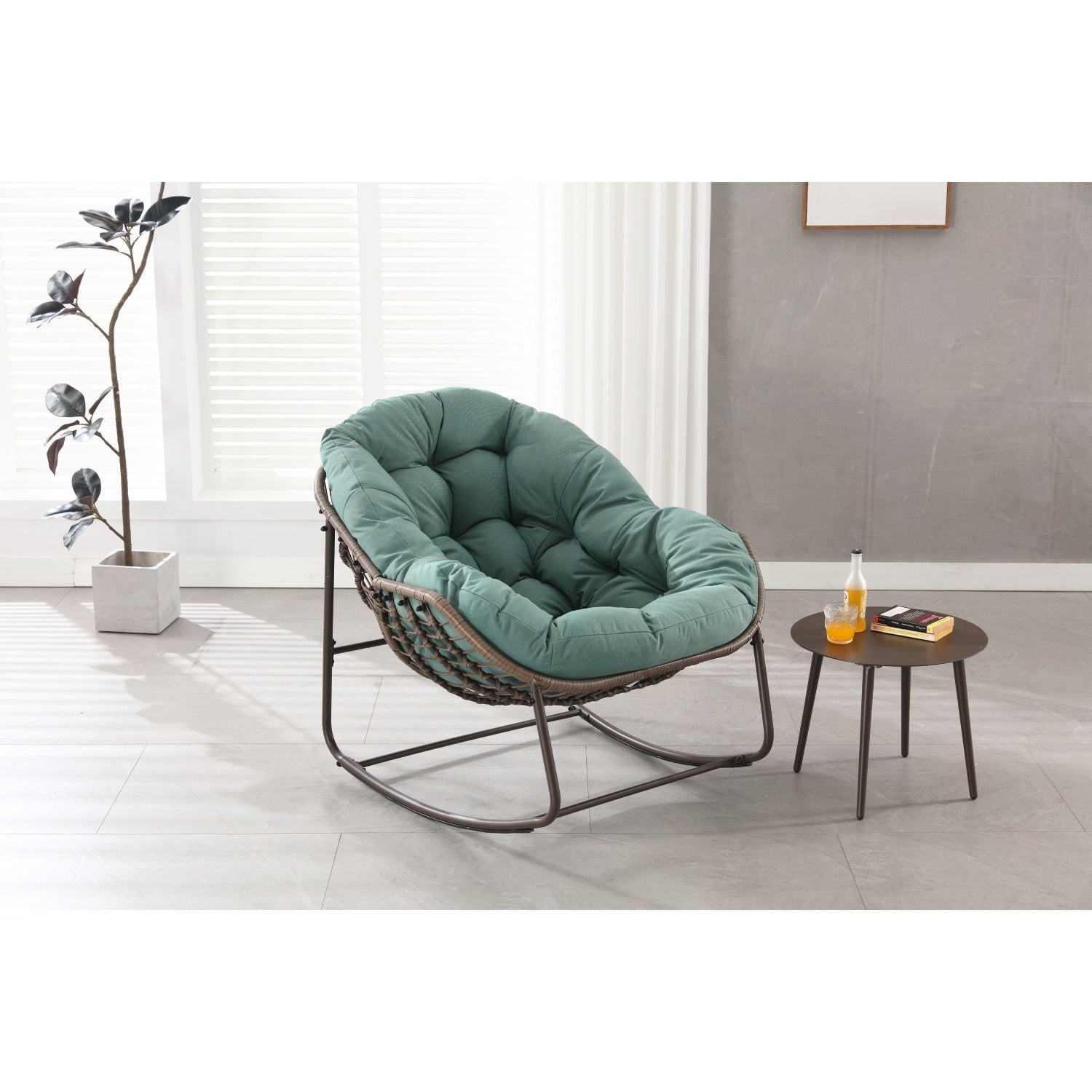 Modern Light Green Outdoor Rocking Chair, Oversized Wicker Egg Rocker with Thick Cushion, Indoor & Outdoor Lounge Chair for Balcony, Porch, Garden, Backyard, Steel Frame, 43.7''D x 37.2''W x 31.5''H - 1st Choice Furniture Direct