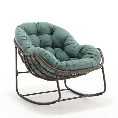 Modern Light Green Outdoor Rocking Chair, Oversized Wicker Egg Rocker with Thick Cushion, Indoor & Outdoor Lounge Chair for Balcony, Porch, Garden, Backyard, Steel Frame, 43.7''D x 37.2''W x 31.5''H - 1st Choice Furniture Direct