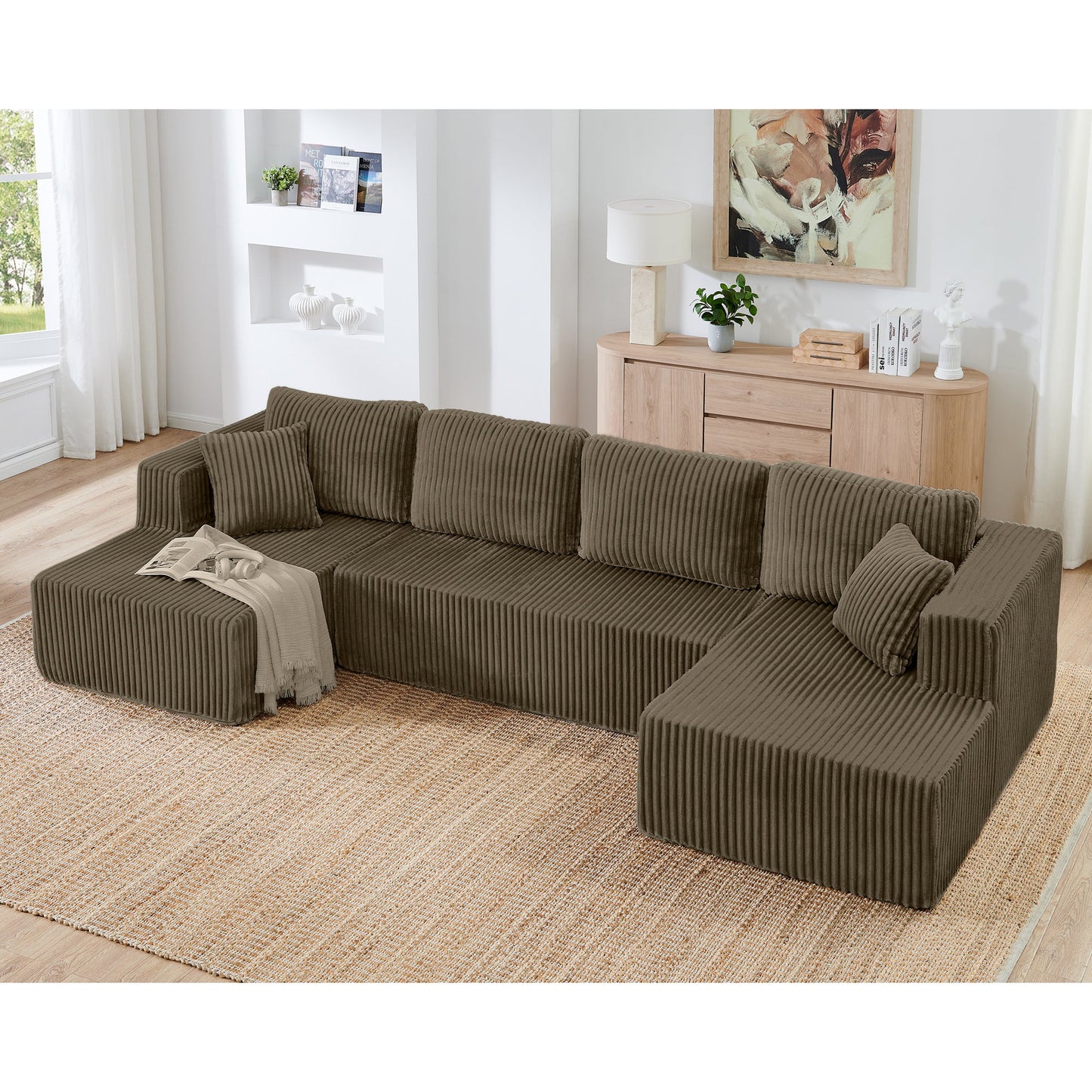 Modern Minimalist U Shape Modular Sectional Sofa, Sleeper Sofa in Corduroy, Brown - 1st Choice Furniture Direct