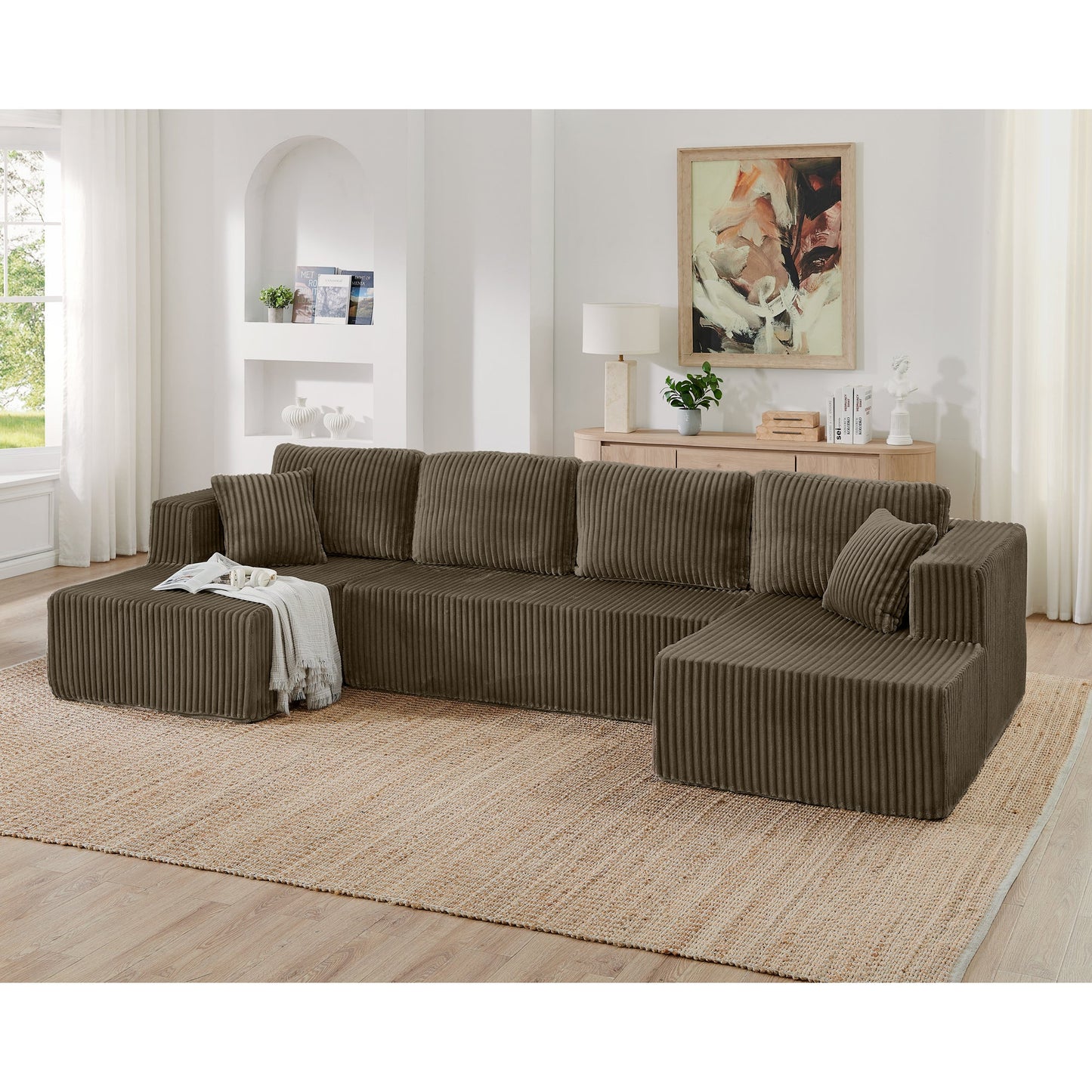 Modern Minimalist U Shape Modular Sectional Sofa, Sleeper Sofa in Corduroy, Brown - 1st Choice Furniture Direct