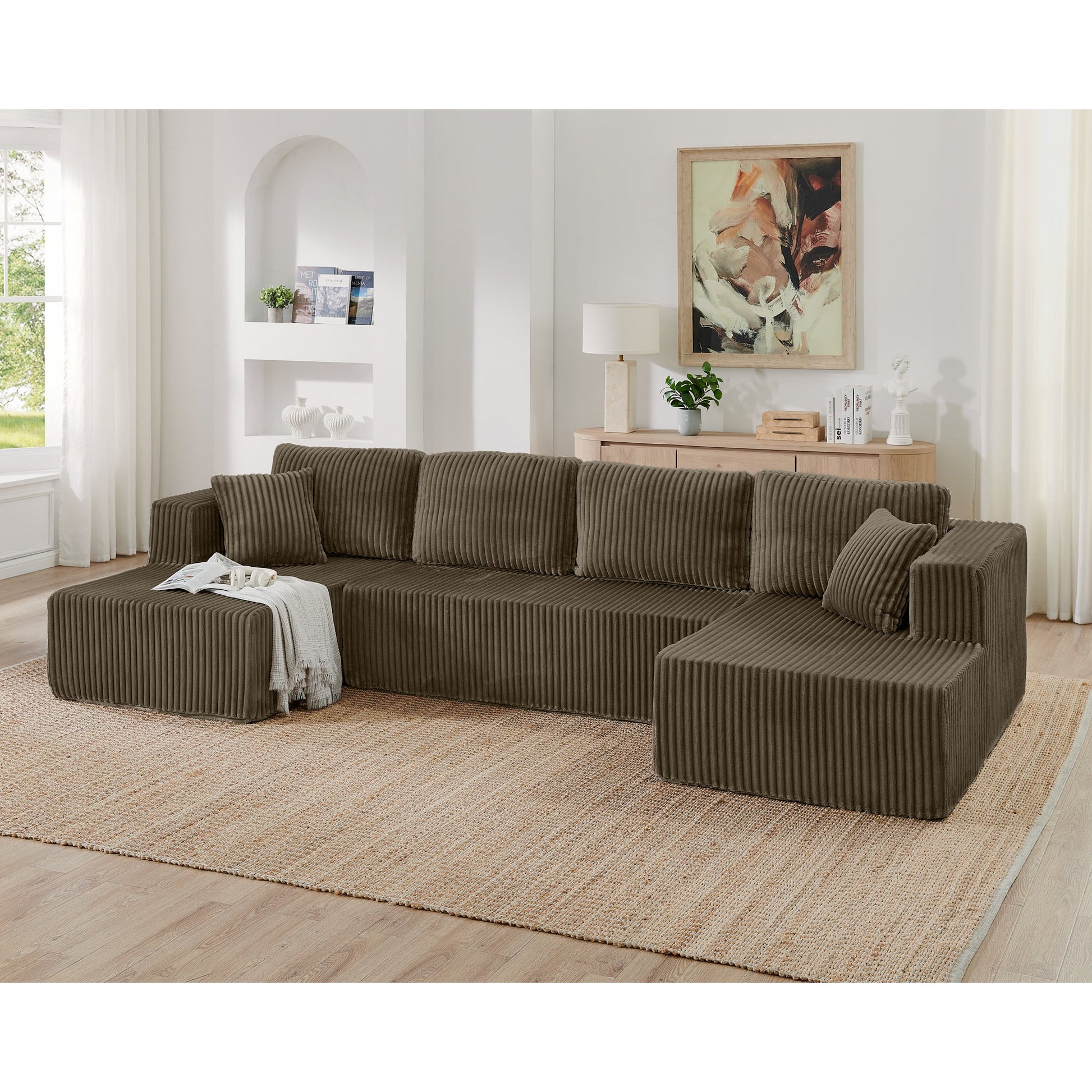 Modern Minimalist U Shape Modular Sectional Sofa, Sleeper Sofa in Corduroy, Brown - 1st Choice Furniture Direct