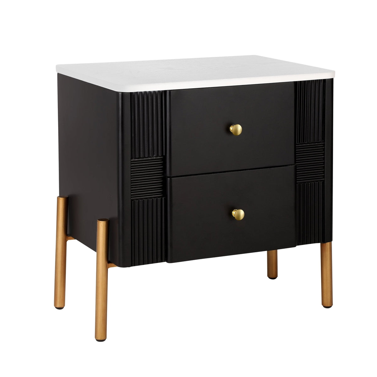 Modern Nightstand with 2 Storage Drawer, Fluted Bedside Table with Golden Metal Handles and Legs, End Table for Living Room and Bedroom, Easy Assembly, Black - 1st Choice Furniture Direct