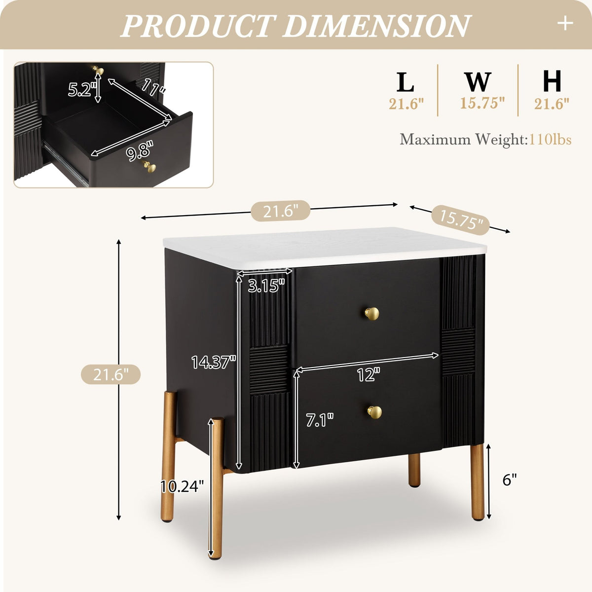Modern Nightstand with 2 Storage Drawer, Fluted Bedside Table with Golden Metal Handles and Legs, End Table for Living Room and Bedroom, Easy Assembly, Black - 1st Choice Furniture Direct