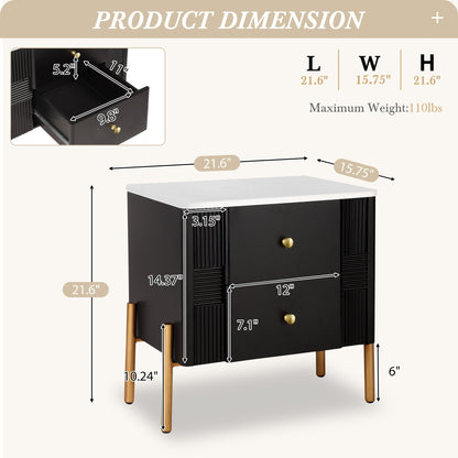 Modern Nightstand with 2 Storage Drawer, Fluted Bedside Table with Golden Metal Handles and Legs, End Table for Living Room and Bedroom, Easy Assembly, Black - 1st Choice Furniture Direct