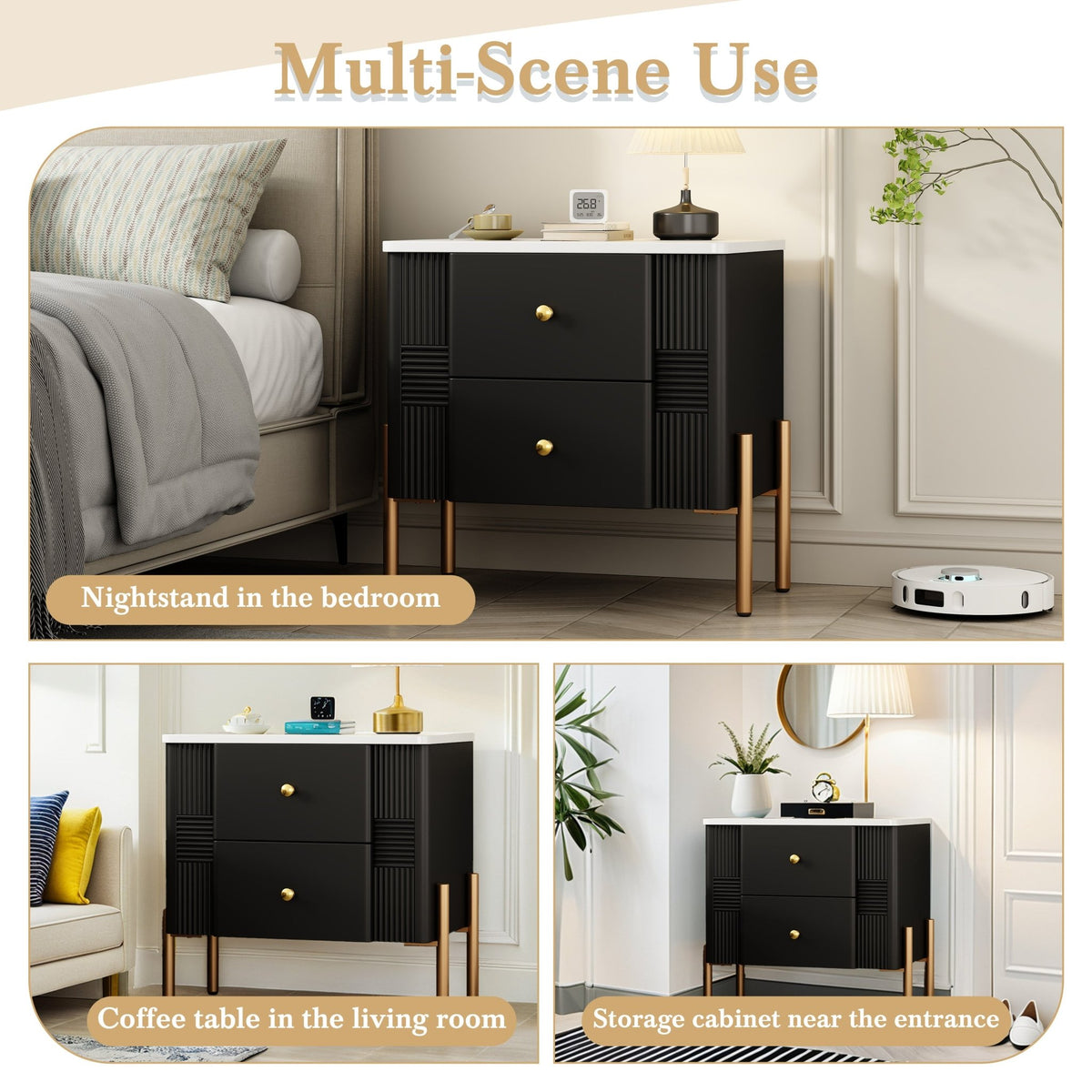Modern Nightstand with 2 Storage Drawer, Fluted Bedside Table with Golden Metal Handles and Legs, End Table for Living Room and Bedroom, Easy Assembly, Black - 1st Choice Furniture Direct