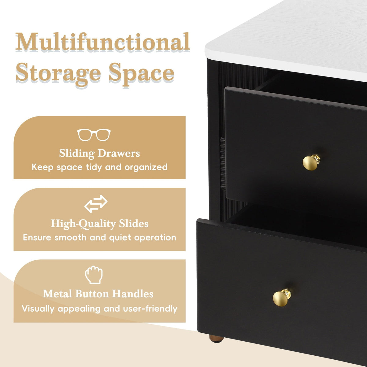 Modern Nightstand with 2 Storage Drawer, Fluted Bedside Table with Golden Metal Handles and Legs, End Table for Living Room and Bedroom, Easy Assembly, Black - 1st Choice Furniture Direct