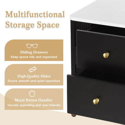 Modern Nightstand with 2 Storage Drawer, Fluted Bedside Table with Golden Metal Handles and Legs, End Table for Living Room and Bedroom, Easy Assembly, Black - 1st Choice Furniture Direct
