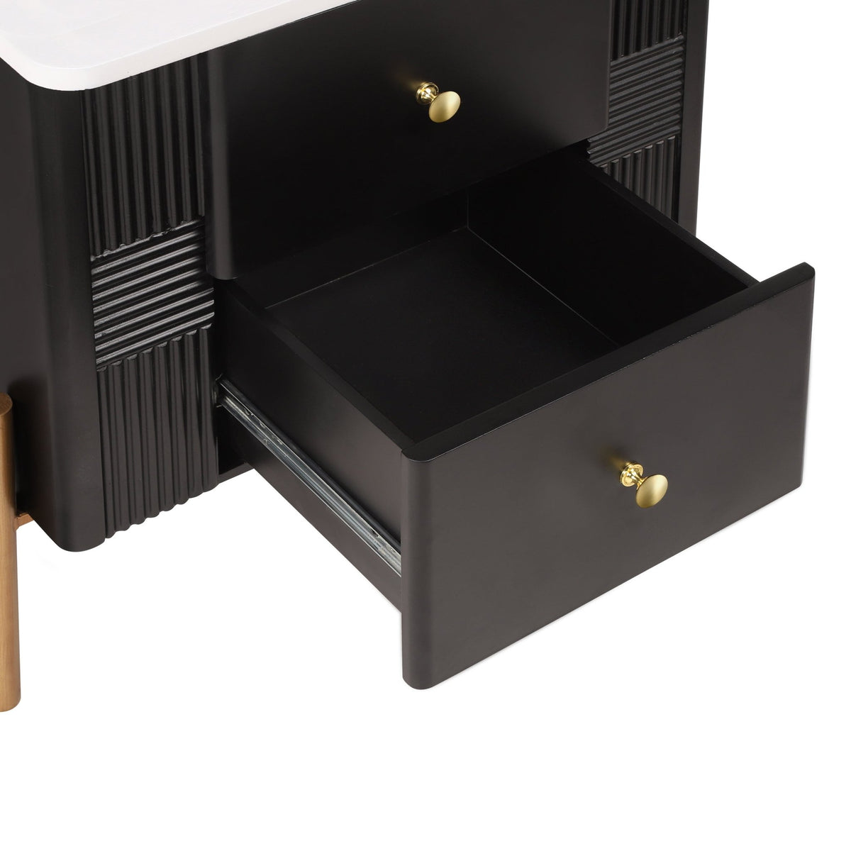 Modern Nightstand with 2 Storage Drawer, Fluted Bedside Table with Golden Metal Handles and Legs, End Table for Living Room and Bedroom, Easy Assembly, Black - 1st Choice Furniture Direct