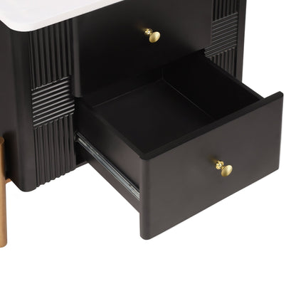 Modern Nightstand with 2 Storage Drawer, Fluted Bedside Table with Golden Metal Handles and Legs, End Table for Living Room and Bedroom, Easy Assembly, Black - 1st Choice Furniture Direct
