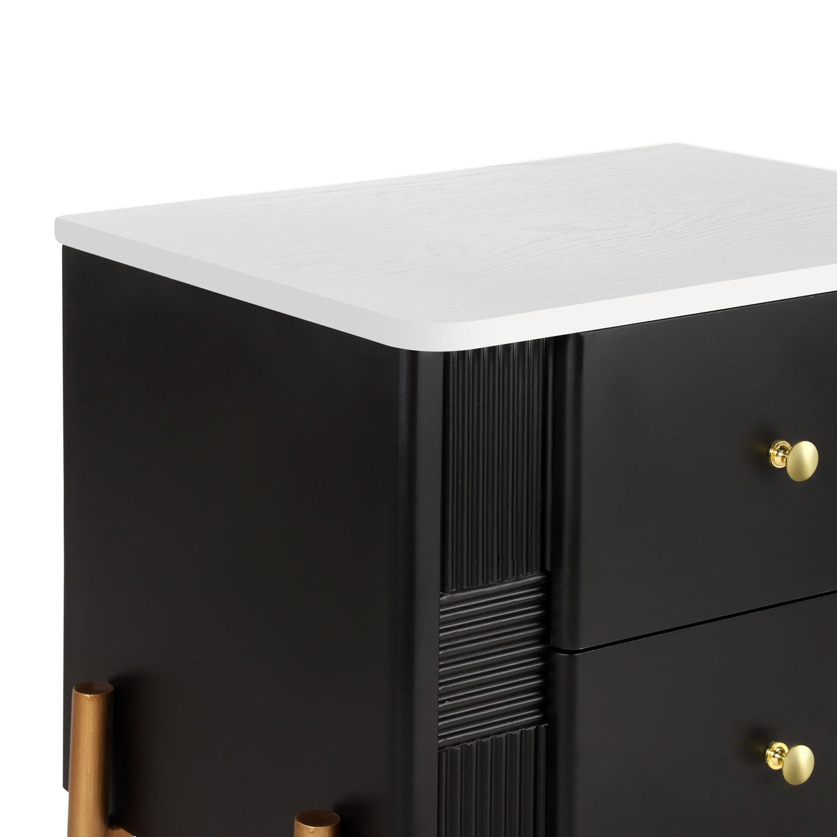 Modern Nightstand with 2 Storage Drawer, Fluted Bedside Table with Golden Metal Handles and Legs, End Table for Living Room and Bedroom, Easy Assembly, Black - 1st Choice Furniture Direct