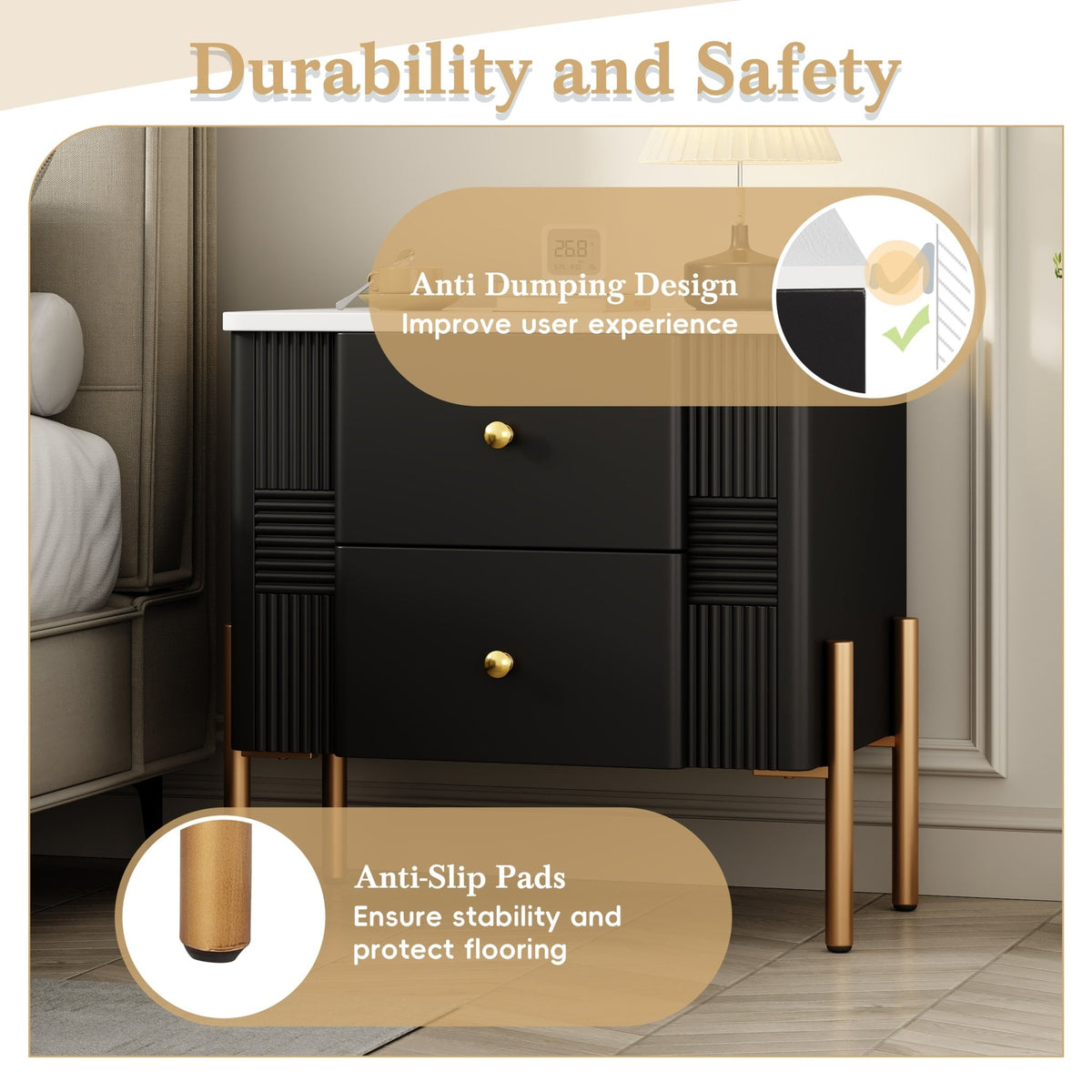 Modern Nightstand with 2 Storage Drawer, Fluted Bedside Table with Golden Metal Handles and Legs, End Table for Living Room and Bedroom, Easy Assembly, Black - 1st Choice Furniture Direct
