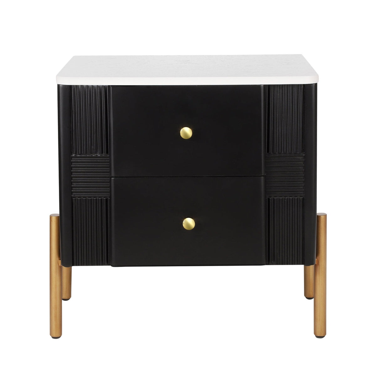 Modern Nightstand with 2 Storage Drawer, Fluted Bedside Table with Golden Metal Handles and Legs, End Table for Living Room and Bedroom, Easy Assembly, Black - 1st Choice Furniture Direct