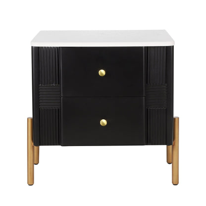 Modern Nightstand with 2 Storage Drawer, Fluted Bedside Table with Golden Metal Handles and Legs, End Table for Living Room and Bedroom, Easy Assembly, Black - 1st Choice Furniture Direct
