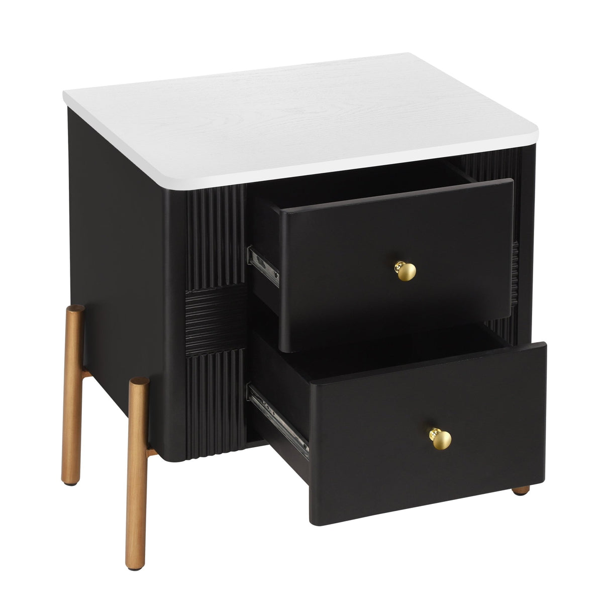 Modern Nightstand with 2 Storage Drawer, Fluted Bedside Table with Golden Metal Handles and Legs, End Table for Living Room and Bedroom, Easy Assembly, Black - 1st Choice Furniture Direct