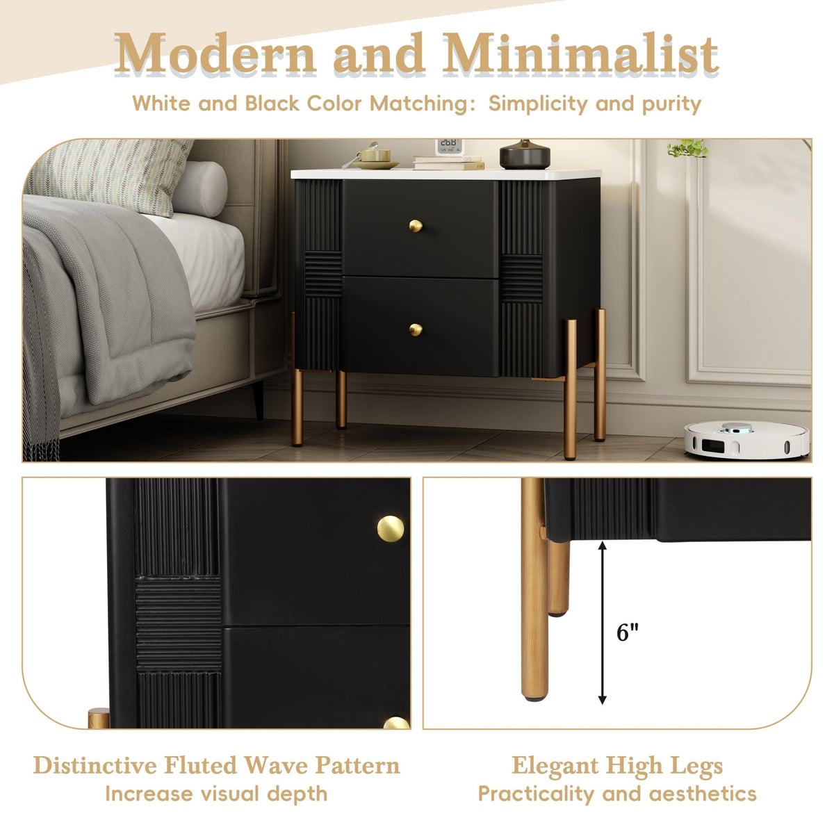 Modern Nightstand with 2 Storage Drawer, Fluted Bedside Table with Golden Metal Handles and Legs, End Table for Living Room and Bedroom, Easy Assembly, Black - 1st Choice Furniture Direct