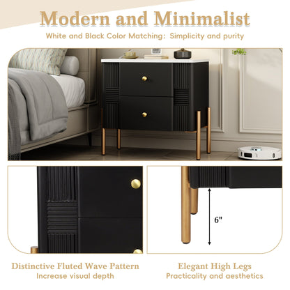 Modern Nightstand with 2 Storage Drawer, Fluted Bedside Table with Golden Metal Handles and Legs, End Table for Living Room and Bedroom, Easy Assembly, Black - 1st Choice Furniture Direct