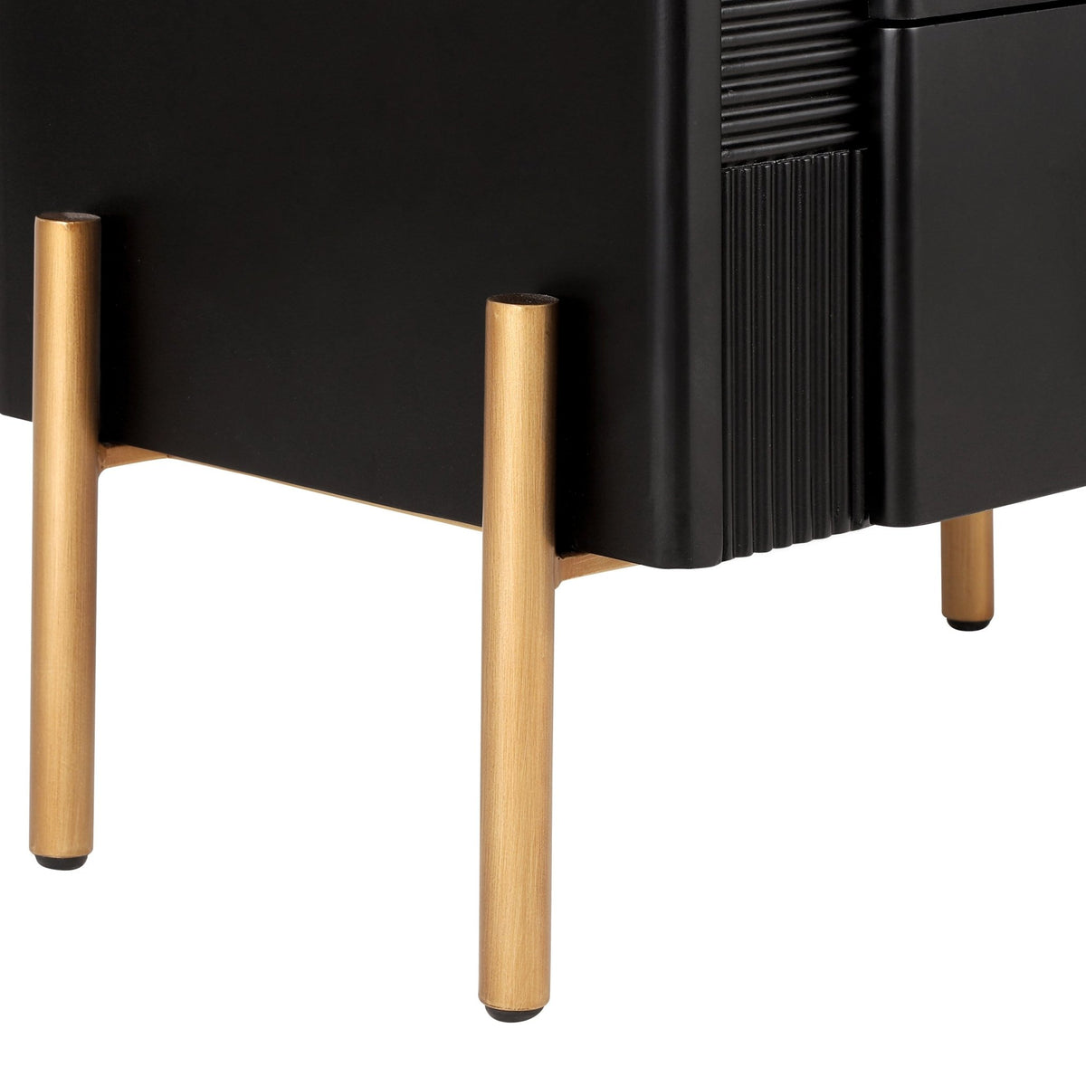 Modern Nightstand with 2 Storage Drawer, Fluted Bedside Table with Golden Metal Handles and Legs, End Table for Living Room and Bedroom, Easy Assembly, Black - 1st Choice Furniture Direct