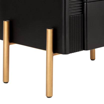 Modern Nightstand with 2 Storage Drawer, Fluted Bedside Table with Golden Metal Handles and Legs, End Table for Living Room and Bedroom, Easy Assembly, Black - 1st Choice Furniture Direct