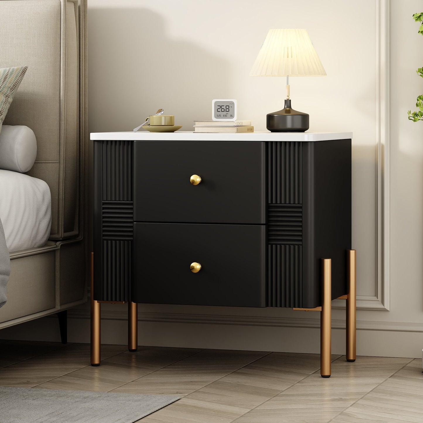 Modern Nightstand with 2 Storage Drawer, Fluted Bedside Table with Golden Metal Handles and Legs, End Table for Living Room and Bedroom, Easy Assembly, Black - 1st Choice Furniture Direct