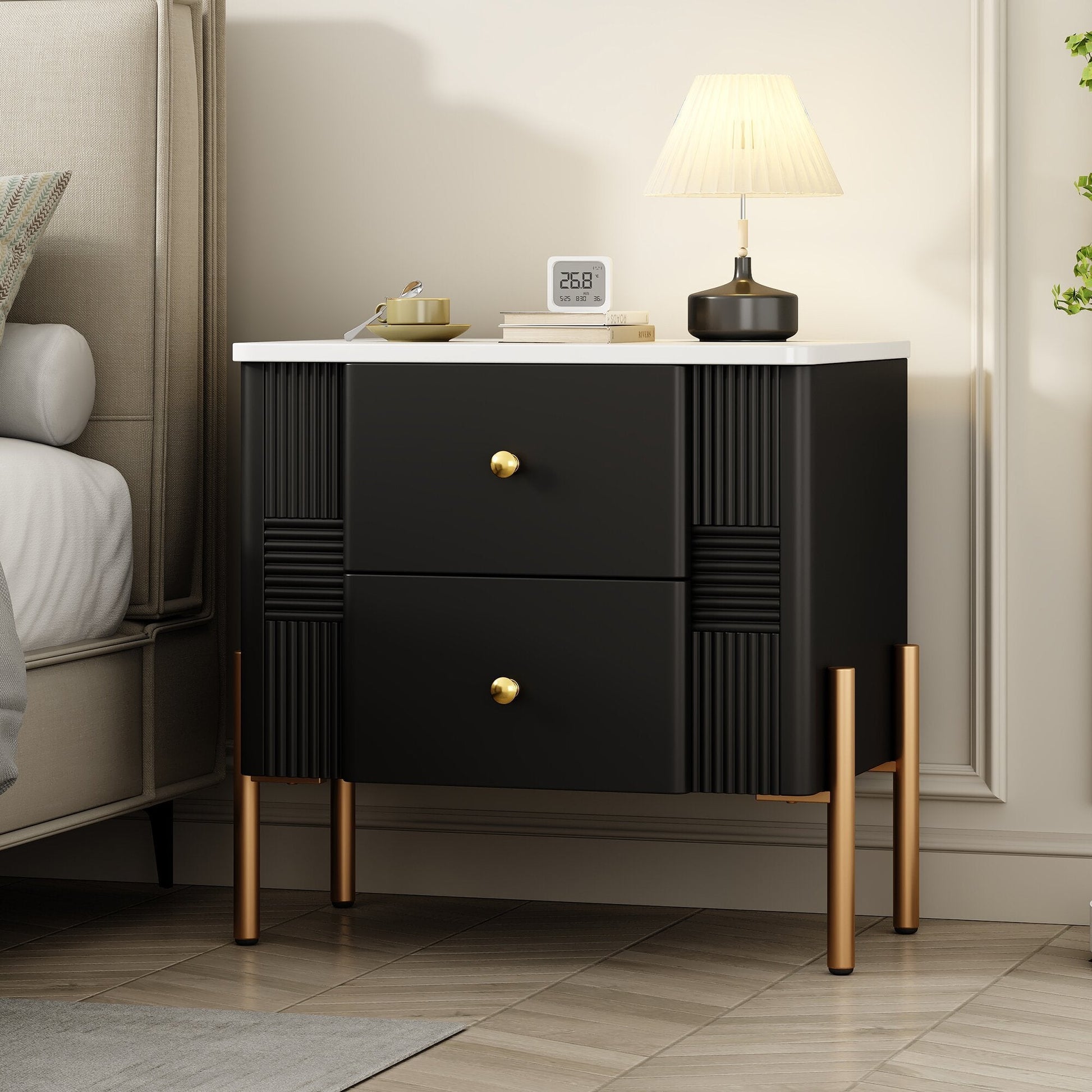 Modern Nightstand with 2 Storage Drawer, Fluted Bedside Table with Golden Metal Handles and Legs, End Table for Living Room and Bedroom, Easy Assembly, Black - 1st Choice Furniture Direct