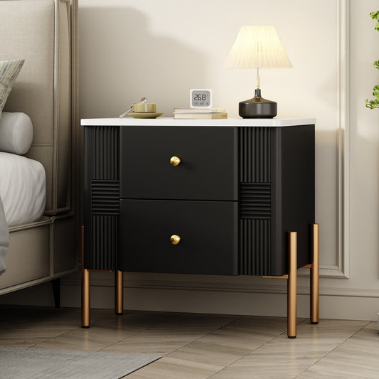 Modern Nightstand with 2 Storage Drawer, Fluted Bedside Table with Golden Metal Handles and Legs, End Table for Living Room and Bedroom, Easy Assembly, Black - 1st Choice Furniture Direct