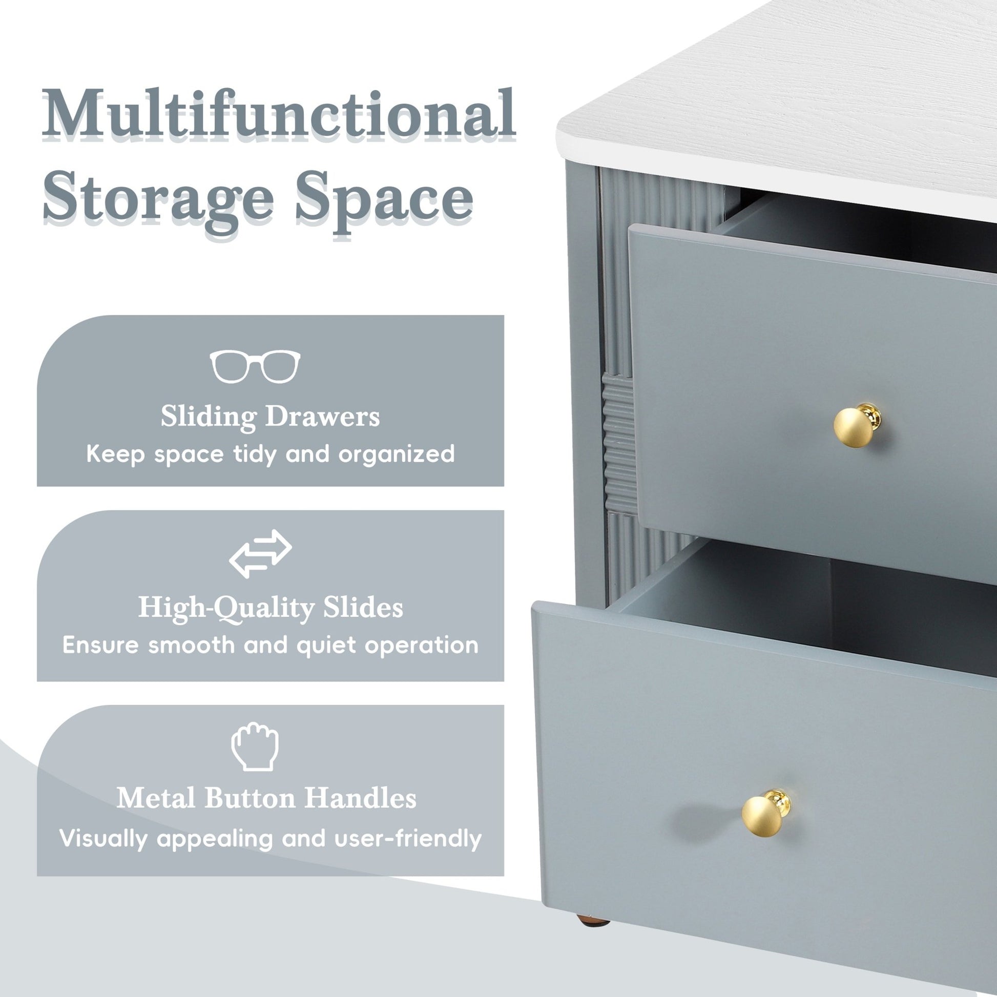 Modern Nightstand with 2 Storage Drawer, Fluted Bedside Table with Golden Metal Handles and Legs, End Table for Living Room and Bedroom, Easy Assembly, Blue - 1st Choice Furniture Direct