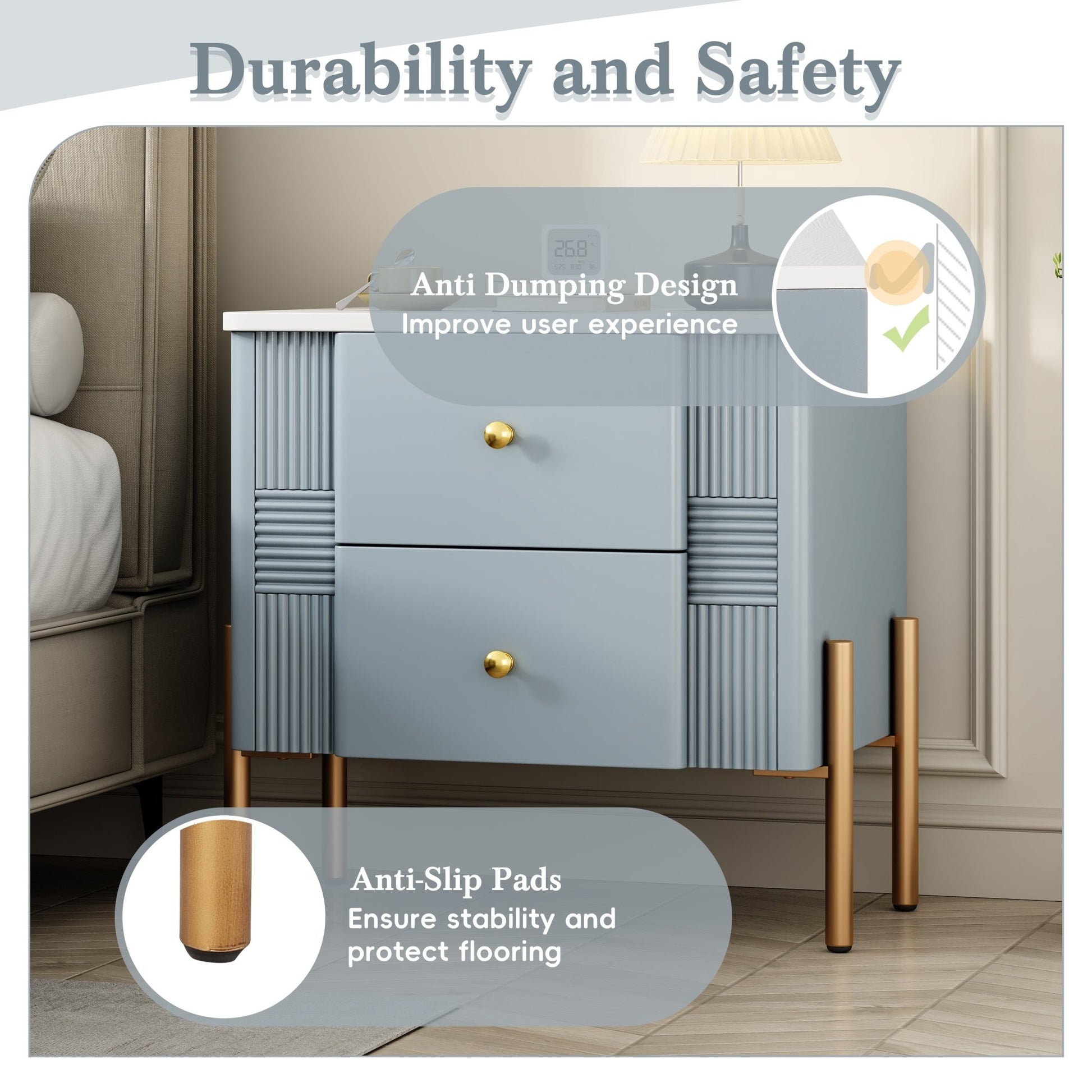 Modern Nightstand with 2 Storage Drawer, Fluted Bedside Table with Golden Metal Handles and Legs, End Table for Living Room and Bedroom, Easy Assembly, Blue - 1st Choice Furniture Direct