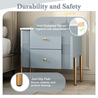 Modern Nightstand with 2 Storage Drawer, Fluted Bedside Table with Golden Metal Handles and Legs, End Table for Living Room and Bedroom, Easy Assembly, Blue - 1st Choice Furniture Direct