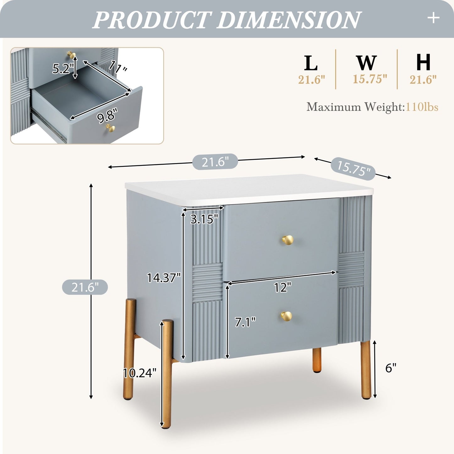 Modern Nightstand with 2 Storage Drawer, Fluted Bedside Table with Golden Metal Handles and Legs, End Table for Living Room and Bedroom, Easy Assembly, Blue - 1st Choice Furniture Direct