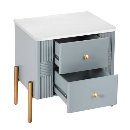 Modern Nightstand with 2 Storage Drawer, Fluted Bedside Table with Golden Metal Handles and Legs, End Table for Living Room and Bedroom, Easy Assembly, Blue - 1st Choice Furniture Direct