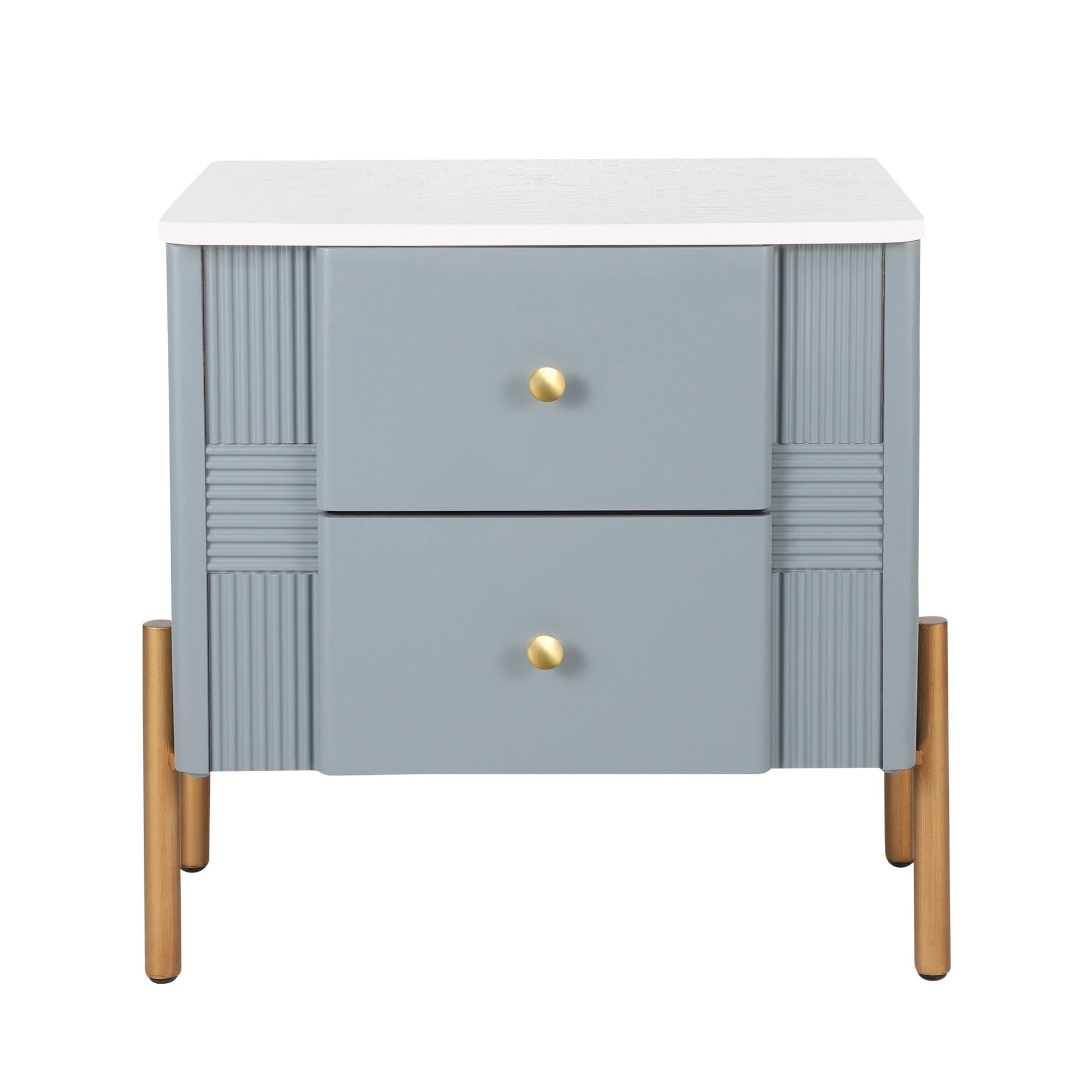 Modern Nightstand with 2 Storage Drawer, Fluted Bedside Table with Golden Metal Handles and Legs, End Table for Living Room and Bedroom, Easy Assembly, Blue - 1st Choice Furniture Direct