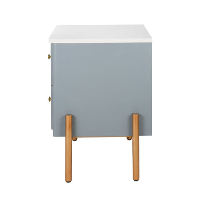 Modern Nightstand with 2 Storage Drawer, Fluted Bedside Table with Golden Metal Handles and Legs, End Table for Living Room and Bedroom, Easy Assembly, Blue - 1st Choice Furniture Direct