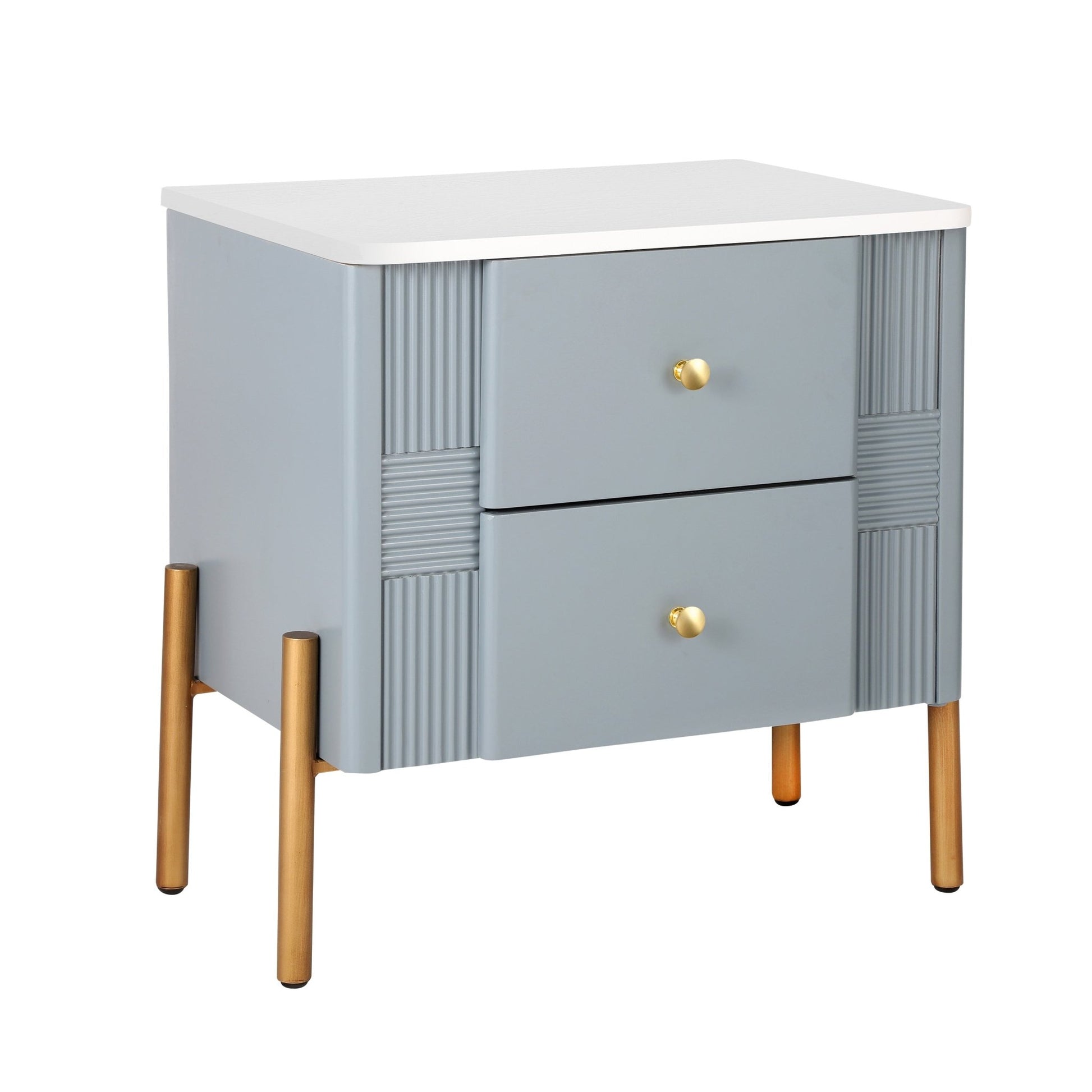 Modern Nightstand with 2 Storage Drawer, Fluted Bedside Table with Golden Metal Handles and Legs, End Table for Living Room and Bedroom, Easy Assembly, Blue - 1st Choice Furniture Direct