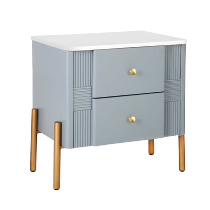 Modern Nightstand with 2 Storage Drawer, Fluted Bedside Table with Golden Metal Handles and Legs, End Table for Living Room and Bedroom, Easy Assembly, Blue - 1st Choice Furniture Direct