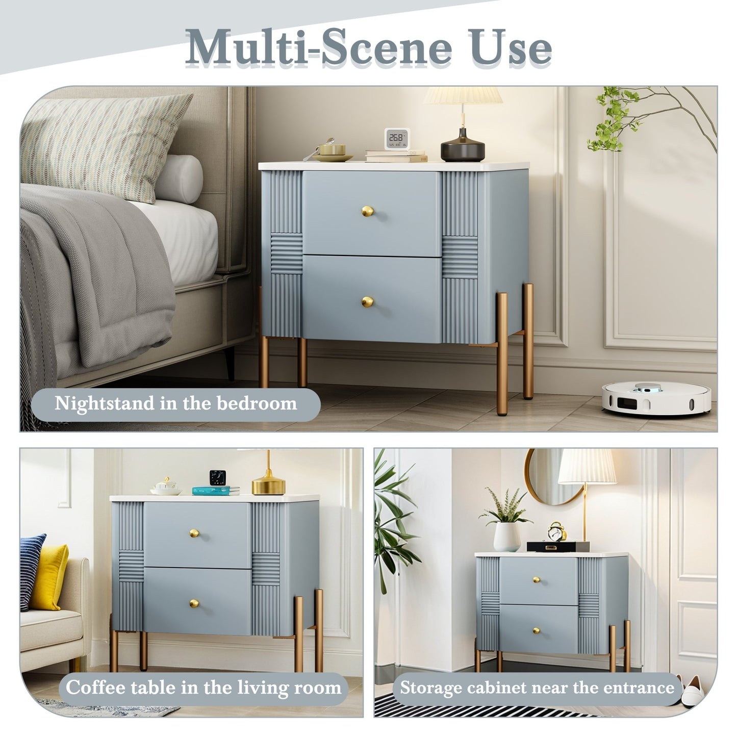 Modern Nightstand with 2 Storage Drawer, Fluted Bedside Table with Golden Metal Handles and Legs, End Table for Living Room and Bedroom, Easy Assembly, Blue - 1st Choice Furniture Direct