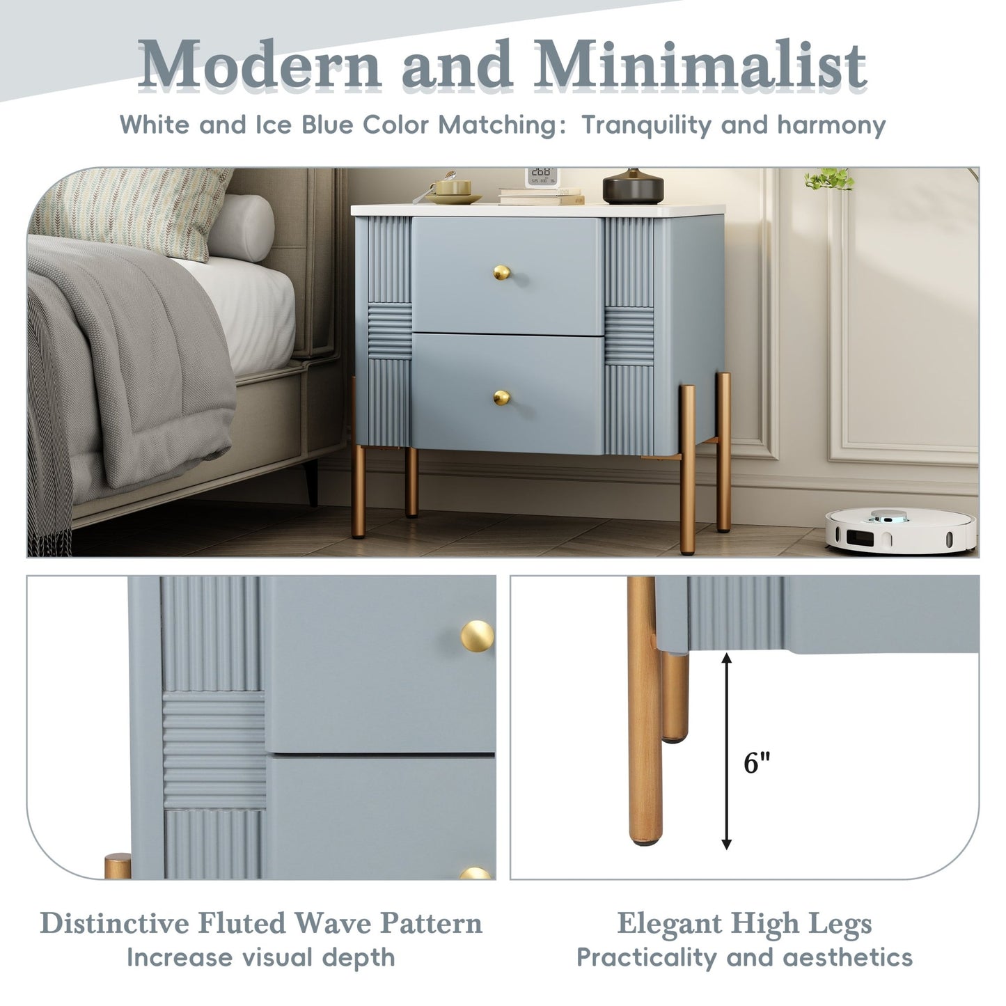 Modern Nightstand with 2 Storage Drawer, Fluted Bedside Table with Golden Metal Handles and Legs, End Table for Living Room and Bedroom, Easy Assembly, Blue - 1st Choice Furniture Direct