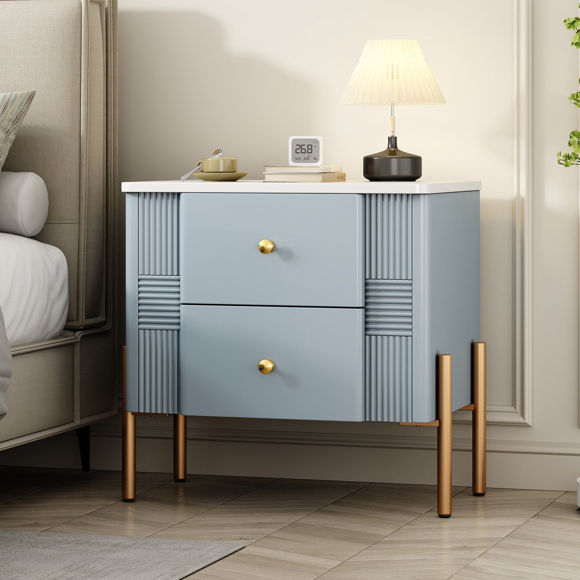 Modern Nightstand with 2 Storage Drawer, Fluted Bedside Table with Golden Metal Handles and Legs, End Table for Living Room and Bedroom, Easy Assembly, Blue - 1st Choice Furniture Direct