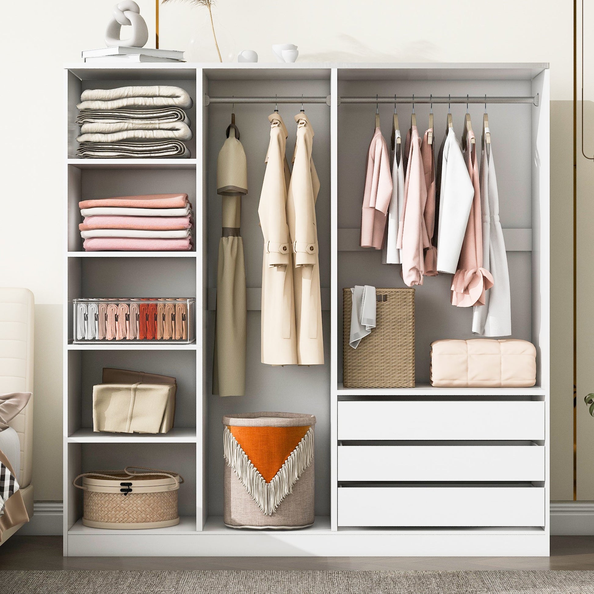 Modern Open Wardrobe Closet with Shelves, Drawers & Hanging Rods - 1st Choice Furniture Direct