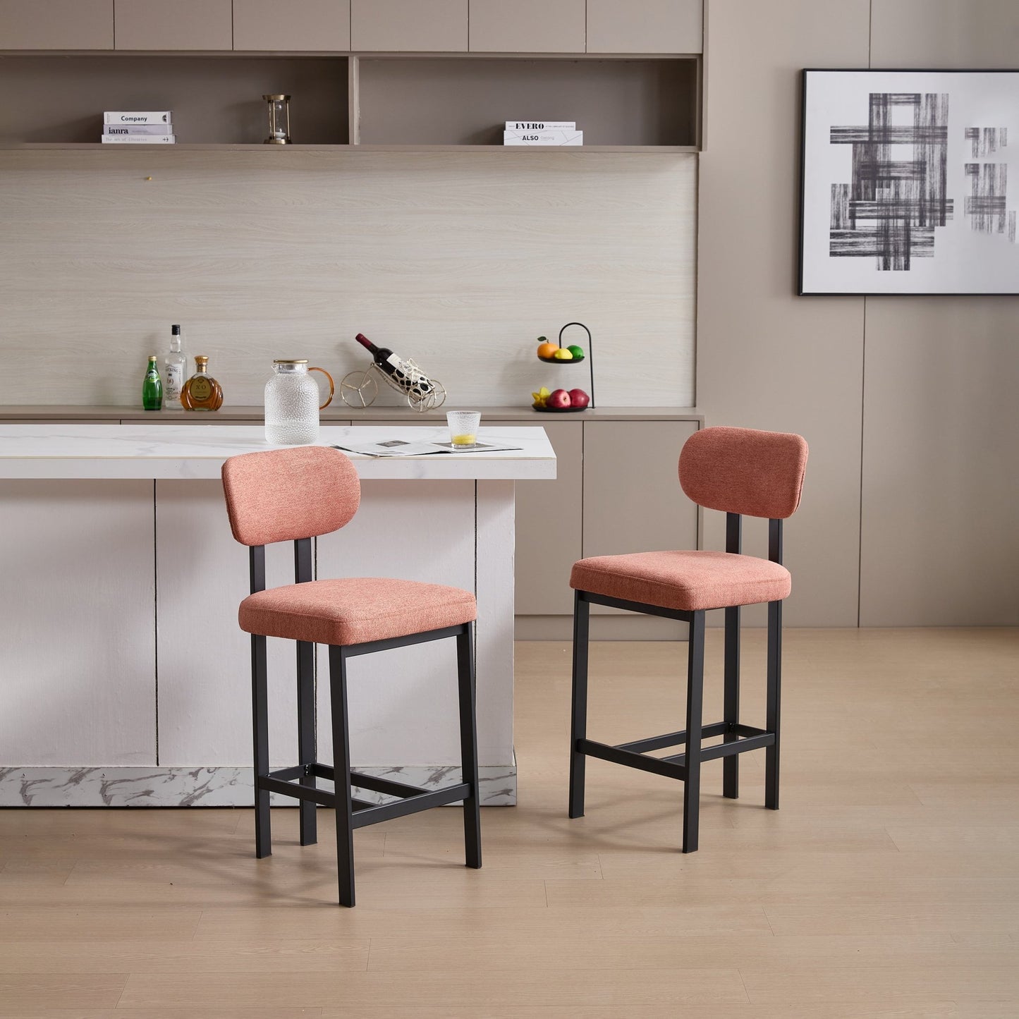 Modern Orange Counter Height Bar Stools Set of 2 | Upholstered Fabric Chairs with Metal Legs (26”) - 1st Choice Furniture Direct