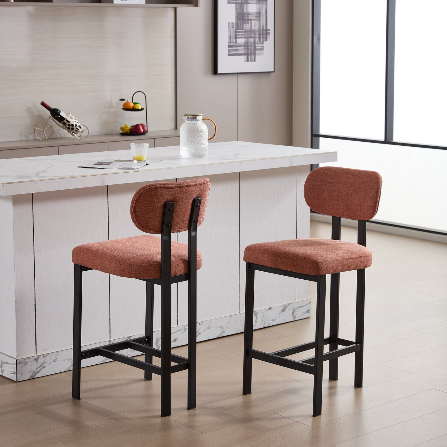 Modern Orange Counter Height Bar Stools Set of 2 | Upholstered Fabric Chairs with Metal Legs (26”) - 1st Choice Furniture Direct