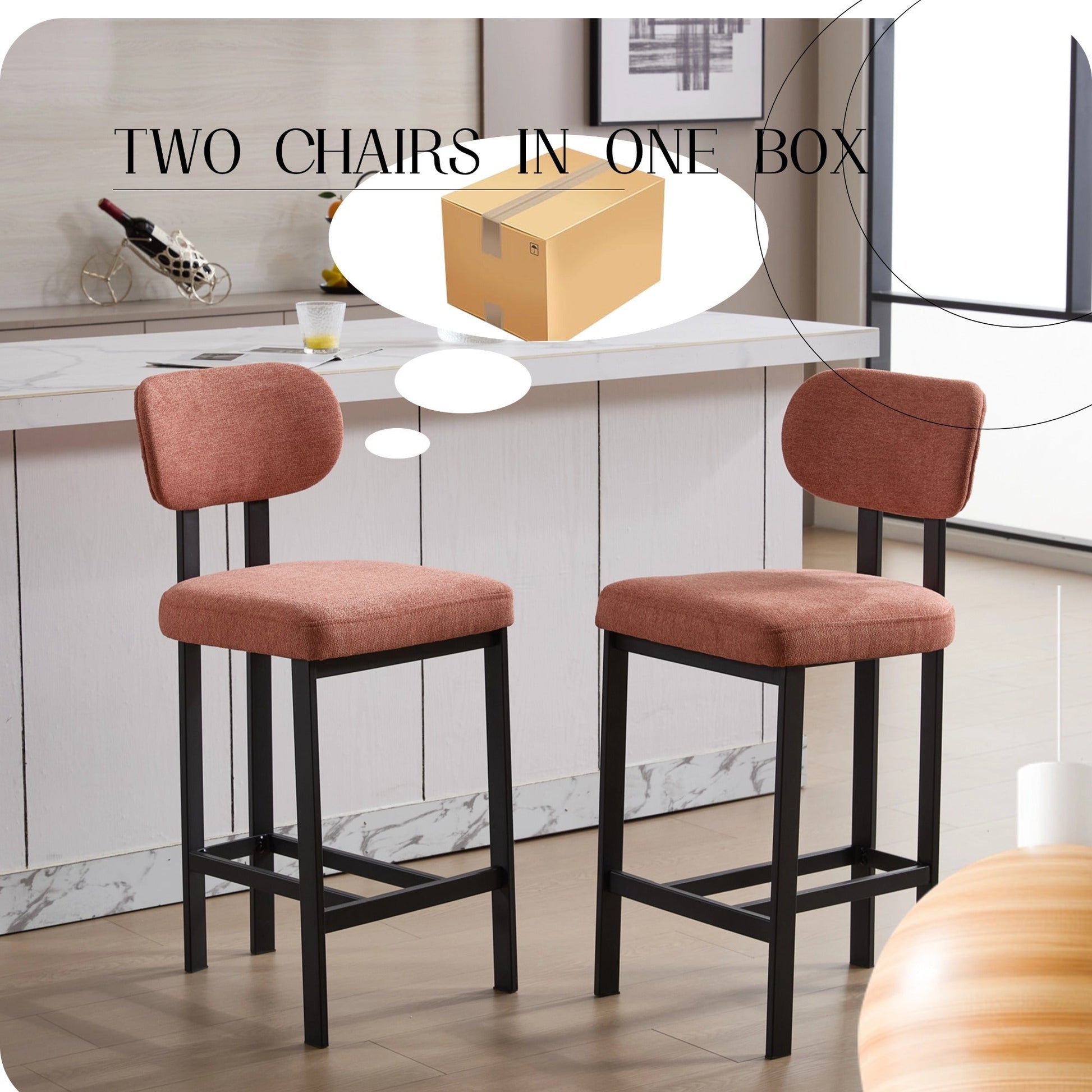 Modern Orange Counter Height Bar Stools Set of 2 | Upholstered Fabric Chairs with Metal Legs (26”) - 1st Choice Furniture Direct