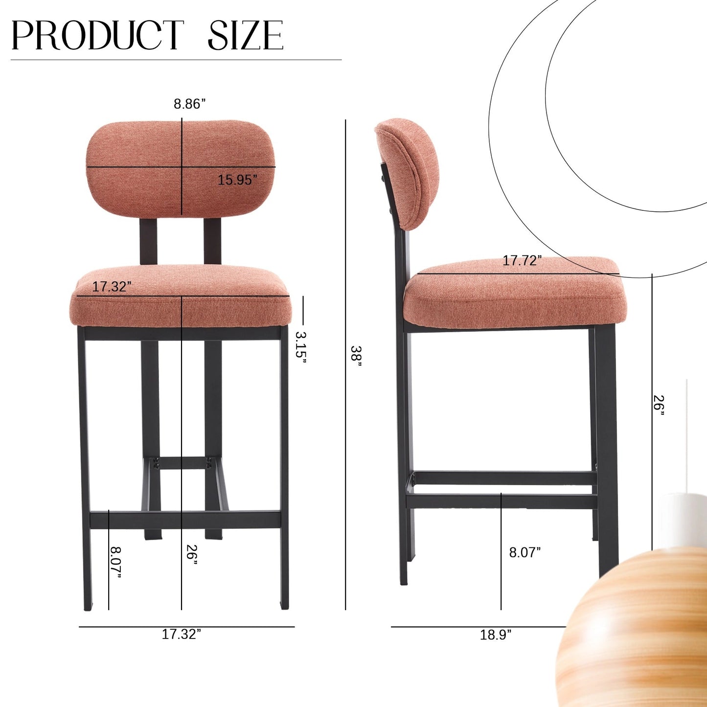 Modern Orange Counter Height Bar Stools Set of 2 | Upholstered Fabric Chairs with Metal Legs (26”) - 1st Choice Furniture Direct