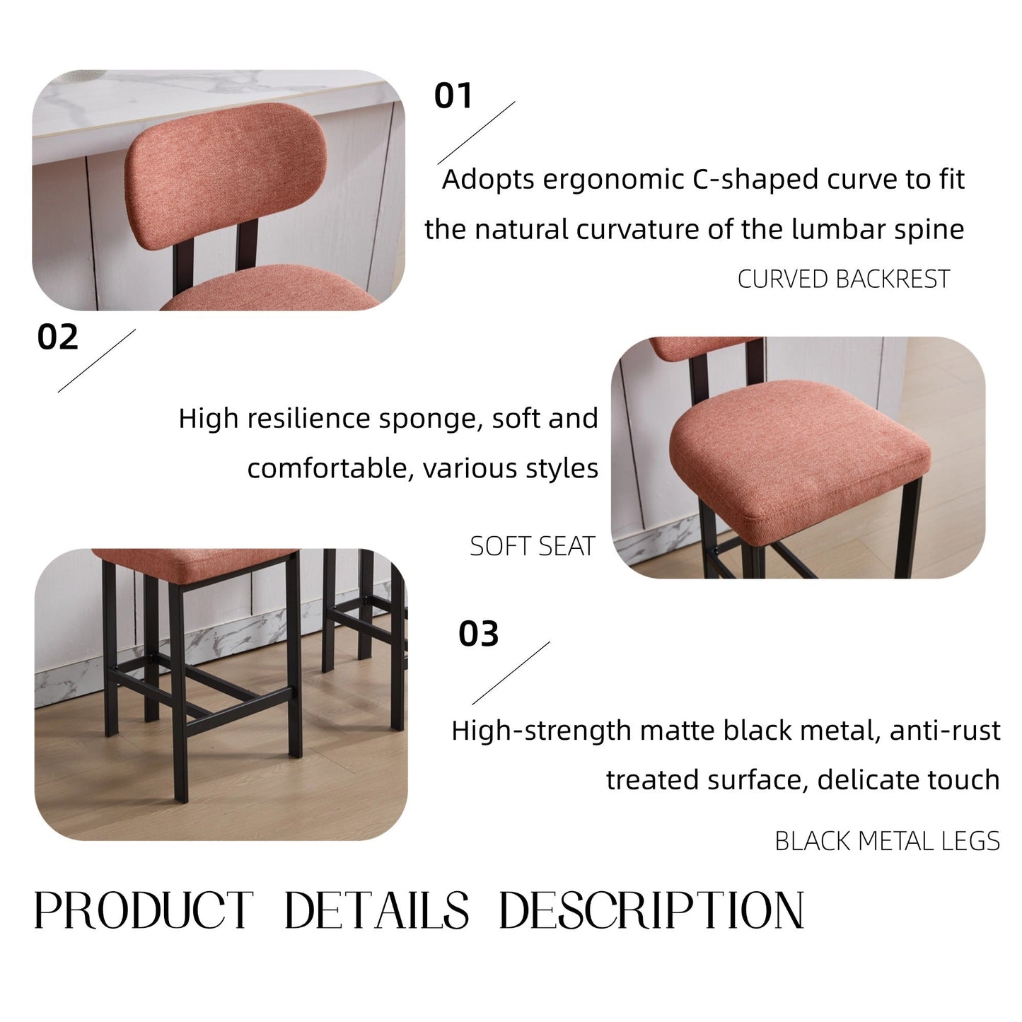 Modern Orange Counter Height Bar Stools Set of 2 | Upholstered Fabric Chairs with Metal Legs (26”) - 1st Choice Furniture Direct