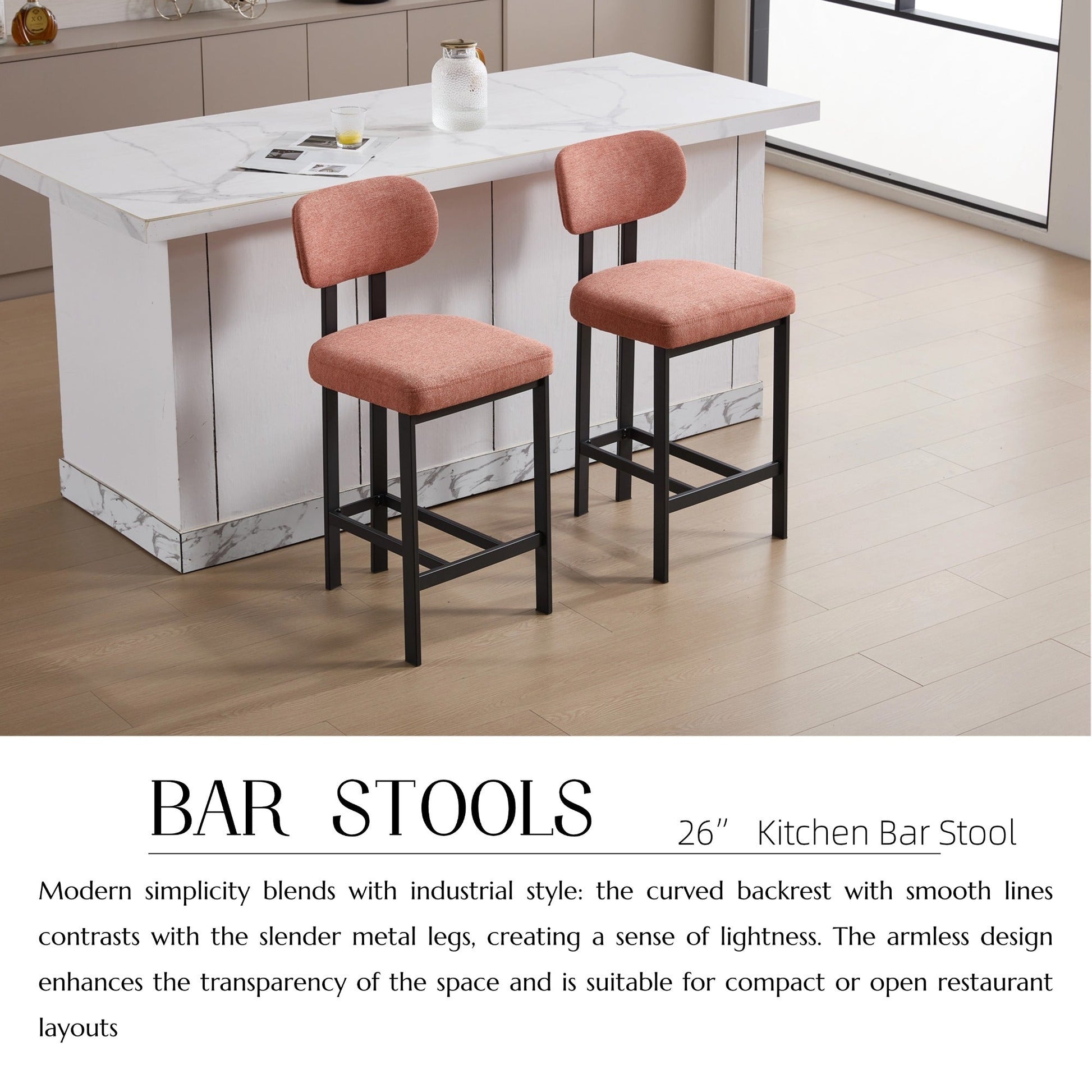 Modern Orange Counter Height Bar Stools Set of 2 | Upholstered Fabric Chairs with Metal Legs (26”) - 1st Choice Furniture Direct